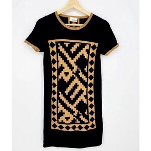 Rodier Black Geometric Short Sleeve Crewneck Wool Sweater Tunic Dress Size 40